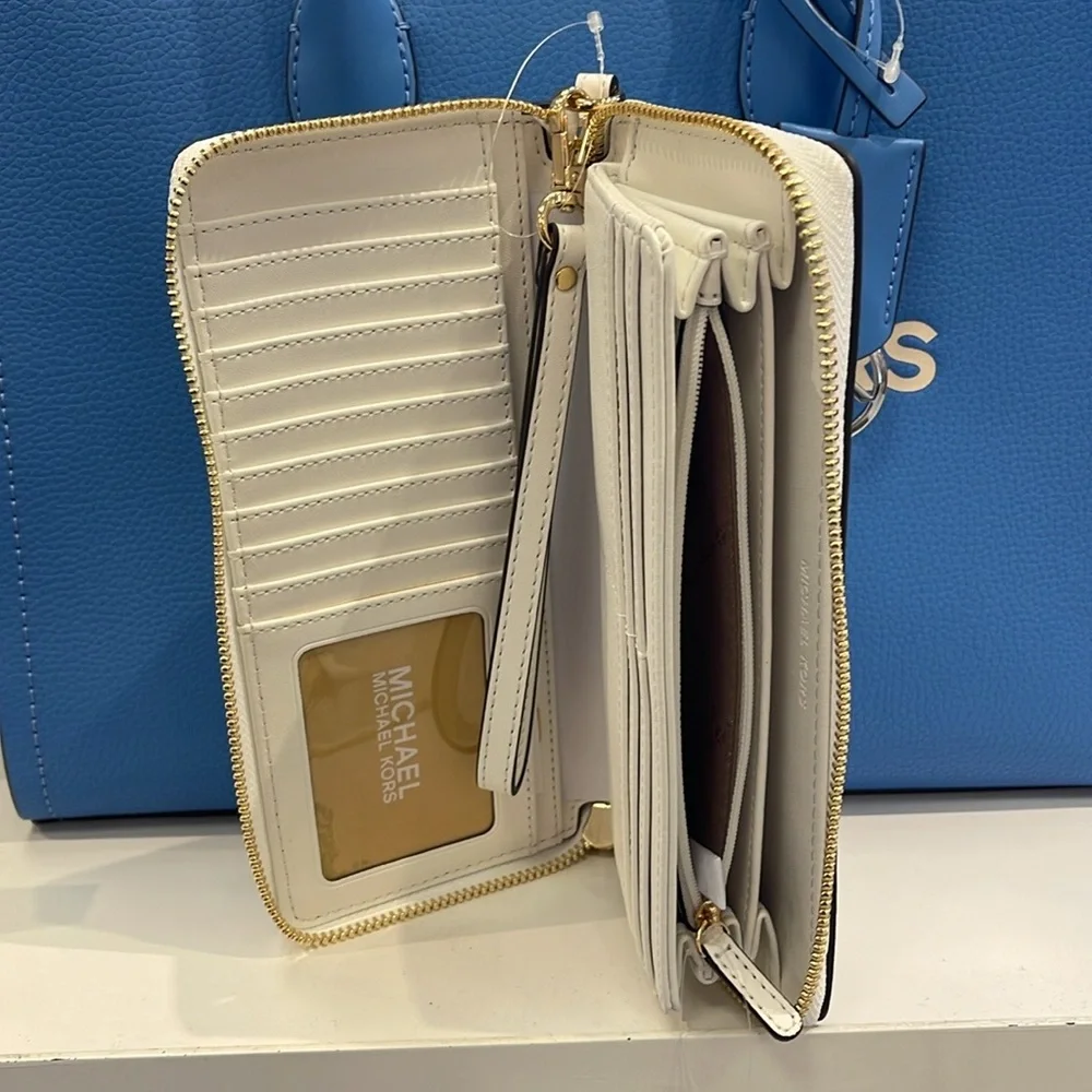 MICHAEL KORS Leather Continental Wristlet Phone Case Wallet Optic White NWT